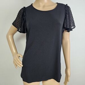 Adrianna Papell Black Knit Top Chiffon Dotted Swiss Sleeves Sz S Romantic Whimsy